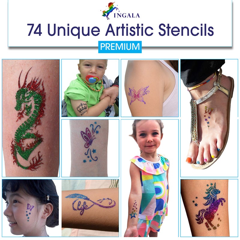 INGALA Premium Glitter Temporary Tattoo Kit for Boys and Girls, 74 Stencils, 16 Colors and 2X 0.5 fl.oz Body Glue for Body Glitter Fake Tattoos for Kids Makeup Tattoo Supplies Party Favors Party Supplies - Image 4
